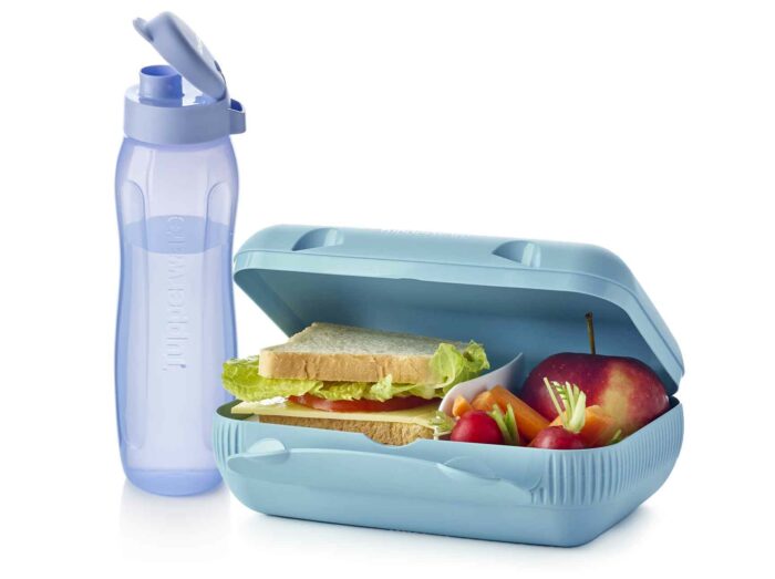 set boîte lunch box bleu clair + eco bouteille slim 750ml bleu tupperware maroc