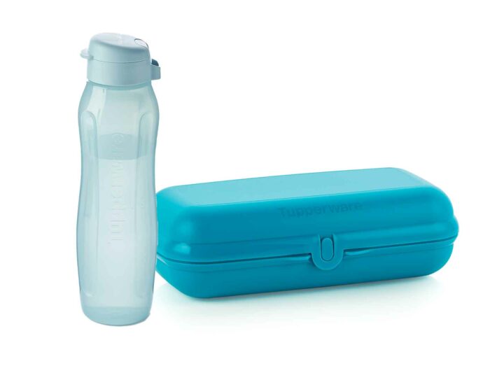 0011 set eco bouteille slim 1l bleu + grande boîte papillon bleu tupperware maroc