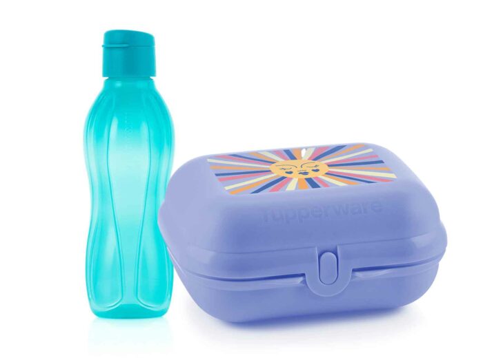 87 001 set eco+ bouteille click 500ml bleu + boîte papillon large rainbow tupperware maroc