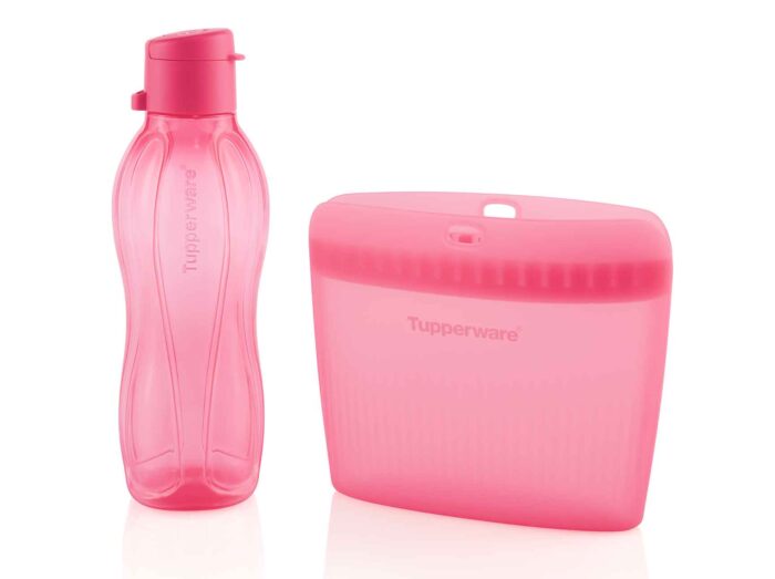 6 001 set pochette silicone ultimate rose + eco bouteille click 500ml rose tupperware maroc