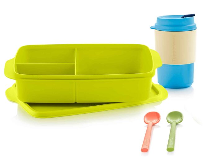 jjh boîte divisée rectangulaire 1l verte + eco+ tasse 350ml bleu clair + set cuillères dessert allegra vert saumon tupperware maroc