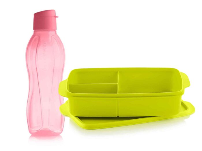 set11 Set Boîte Divisée Rectangulaire 1L Verte + Eco Bouteille Click 750ml Rose Clair Tupperware Maroc